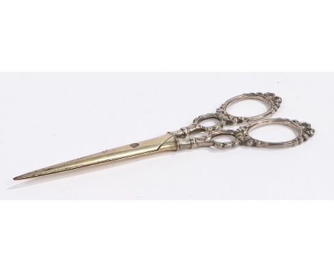 Pair of French silver grape scissors, with tied ribbon bow decorated handles, 16.5cm long