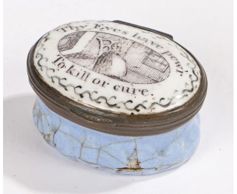 18th Century enamel patch box, of oval form, the lid with depiction of a lady in a chair surrounded by phrase "Thy Eyes have 