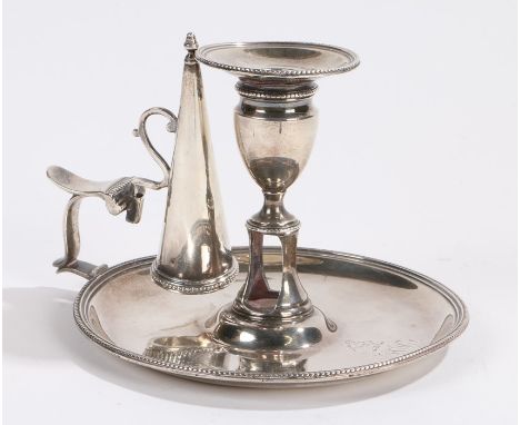 George III silver chamber stick, London 1794, maker William Abdy II, with beaded sconce, handle and dished base with monogram