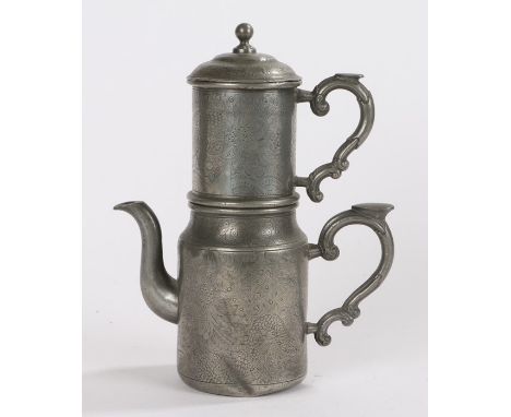 Swator pewter coffee percolator, formed from two sections with dragon decoration, with double scroll handles, 25.5cm high