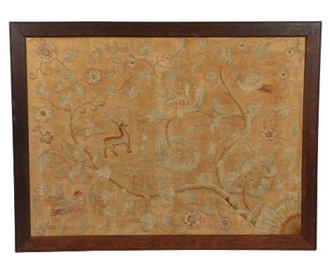 19th Century tapestry panel, decorated with a stag and birds among trees, 106cm x 77cm 