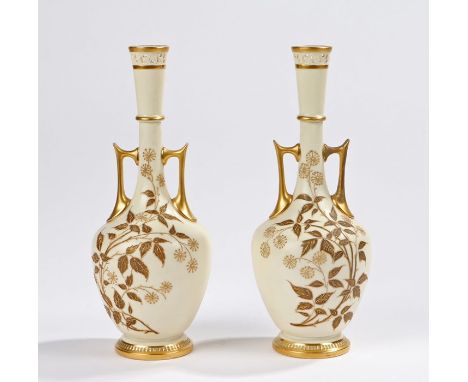 Pair Royal Worcester blush vases, with gilt leaf decoration, purple Royal Worcester marks to the bases, impressed 850 XII, 25