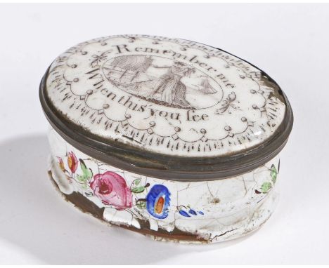 18th Century Bilston enamel patch box, the lid with a sailor saying goodbye to his loved one near a ship the text with the su