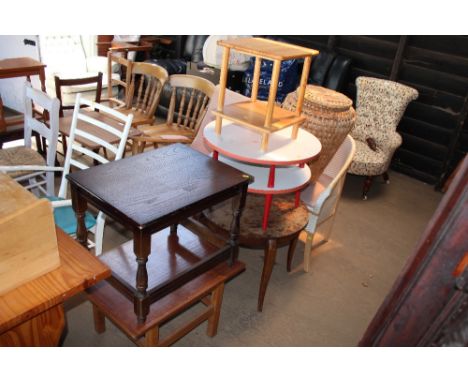 Two coffee tables; two circular tables; small two tier pine table; wicker basket and a loom commode chair