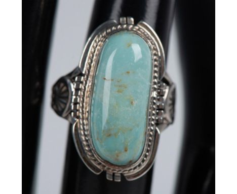 Beautiful Southwest Native American piece by Isleta jewelry artist, Peter Sanchez. Stamped inside with artist mark. Light tur