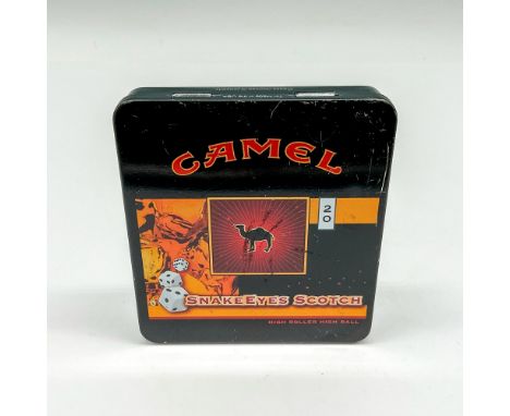 Black square tin with red and gold design, name prominently displayed at top of hinged lid. High roller high ball printed in 