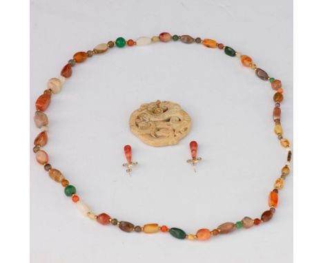 A long necklace beautifully decorated with various polished stones, barrel clasp. A pair silver-metal earrings with dangling 