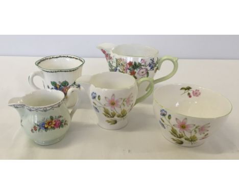 Small collection of vintage Shelley china to include 3 jugs, sugar bowl and a cup.