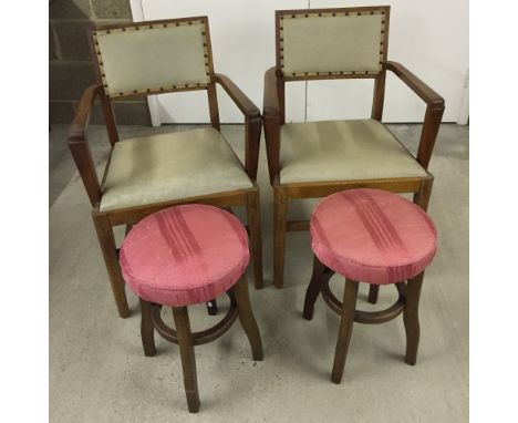 2 vintage upholstered carver chairs together with 2 wooden stools with pink upholstery c.1950s.