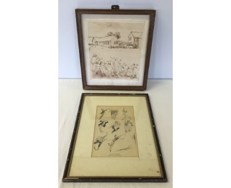 A framed & glazed comical darts print c1930s with a pen and ink sketch of artists sketching dated 1964.