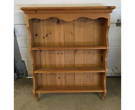 Pine wall hanging shelf unit, approx 83cm x 70cm x 17cm.