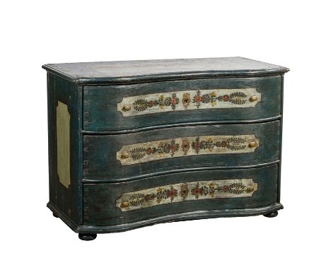   BEMALTE BAROCK-KOMMODE   Österreich oder Bayern, um 1730-1750, Nadelholz bemalt, doppelgeschweifte Front mit 3 Schubladen, 