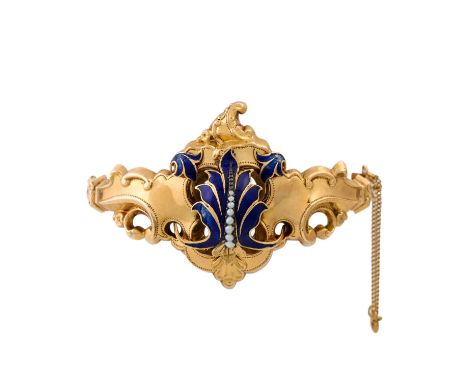   Gründerzeit Armreif mit kleinen Perlen,   GG 14K, blau emailliert, 12,6 gr, Innenumfang ca. 17 cm, 2. Hälfte 19. Jh., Trage