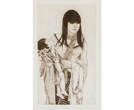   SCHAD, CHRISTIAN  (1894-1982), "Peruanerin",   junge Frau mit Kind, Aquatintaradierung/Papier, darunter mit Bleistift von H