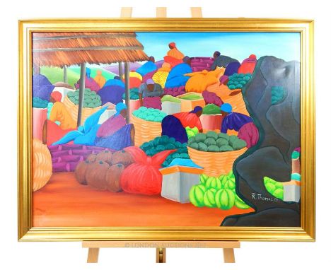 R Thomas, a brightly coloured oil on canvas market scene, signed, sight size 71 x 97cm.
