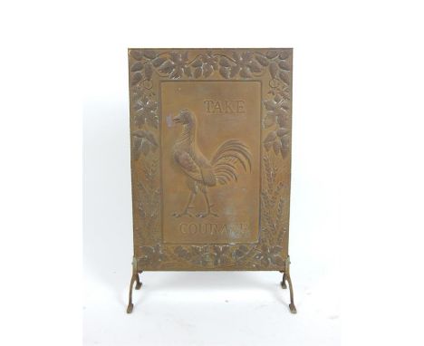 An early 20th century Courage Brewery 'Take Courage' brass firescreen, decorated with a cockerel, having a border decorated w