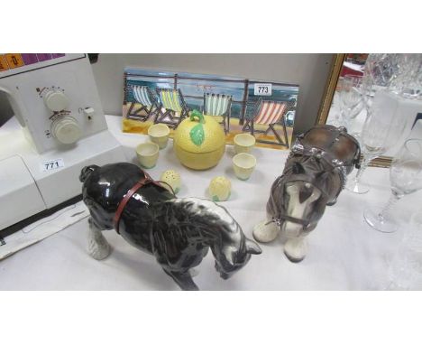 A mixed lot including tile, jam pot, egg cups, horses etc., (Collect only)
