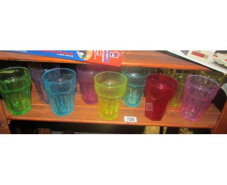 A quantity of vintage multicoloured drinking glasses (10 in total).
