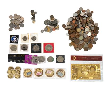 US silver dollar plus GB and foreign coinage / medallions / gilt banknote  Comprising:2002 1oz US silver dollar with Elvis Pr