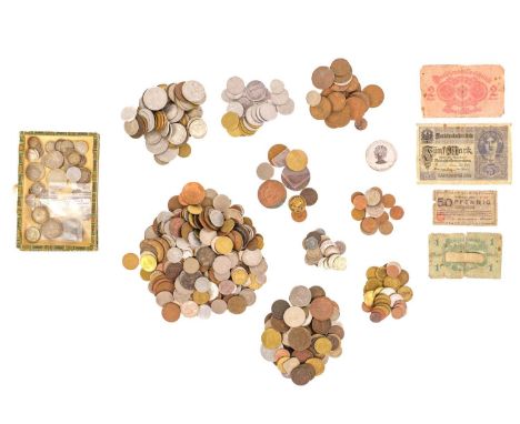 World coinage including silver  A white plastic basket containing:Wooden box of silver mainly foreign coinage (approx. 117gm)