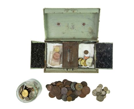 GB and World Coinage 18th Century to recent including silver  A box containing a cash box and two containers including:Silver