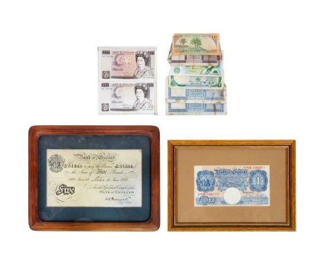GB and Foreign bank notes including error £10 note  A box comprising:A framed and glazed 1938 Bank of England white £5 note -