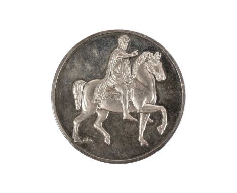 Commemorative medallion of Roman mounted rider "Marcus Aurelius"  Hallmarked silver John Pinches "Greatest Masterpieces" comm