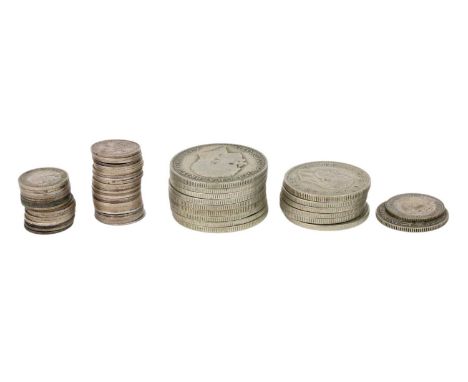 GB pre 1920 and 1947 silver coinage including 45 silver 3d coins  Lot comprises:Bag of £1.80 pre 1947 coinsBag of 28x pre 192