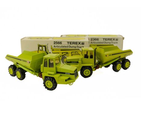 Conrad, Terex Articulated Dump trucks (x2) 1:50 scale models 2566 and 2366. Both are mint in box of issue but 2366 has biro w