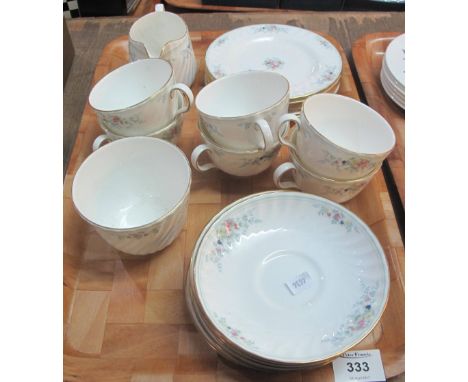 Minton bone china 'Sunningdale' pattern tea set: six cups; six saucers; six side plates; cream jug and sucrier.  Printed mark