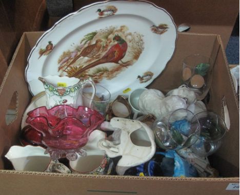 Box of assorted china and glass to include: pair of Beswick seated spaniels; floral dresser jugs; oval meat dish decorated wi