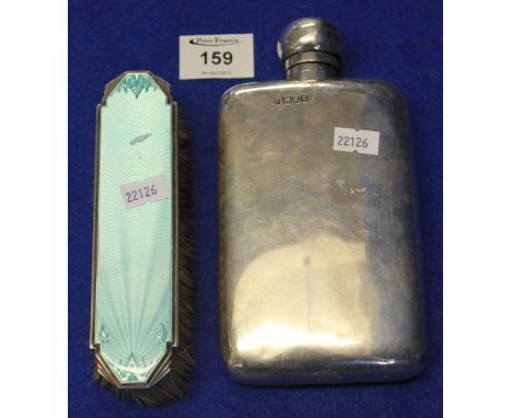 Silver Mappin and Webb hip flask together with silver and enamel brush. (2)(B.P. 24% incl. VAT)