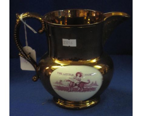 19th Century Staffordshire pottery copper lustre, baluster shaped jug, transfer printed with reserved panel: 'The Little Jock