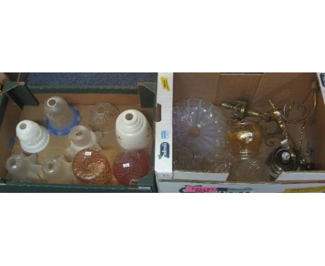 Tray of various clear and coloured glass light and oil burner shades, together with another box of oil burner shades, brass f