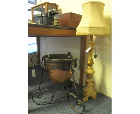 Jardiniere in wrought iron, triform scrolled stand, together with a painted wooden table lamp and shade. (2)(B.P. 24% incl. V