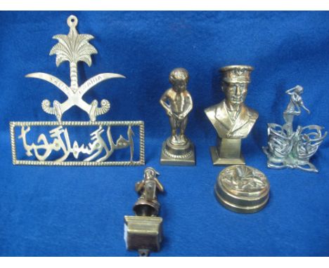 Assorted brassware to include jackhammer, a mine head door knocker, military figure, brass paperweight, Welsh brass paperweig