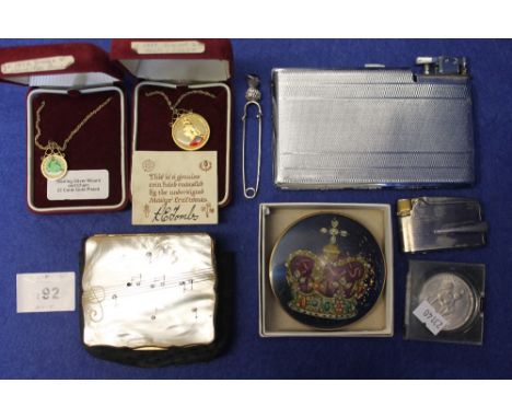 Bag of assorted mixed items to include Polo cigarette silver plate and lighter combo, Scottish thistle design safety clip, st