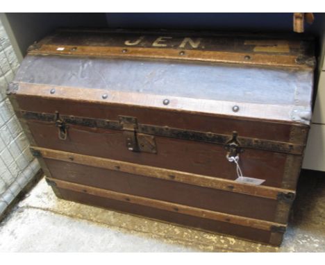 Vintage wooden and metal banded, dome topped trunk, marked: J.E.N.(B.P. 24% incl. VAT)