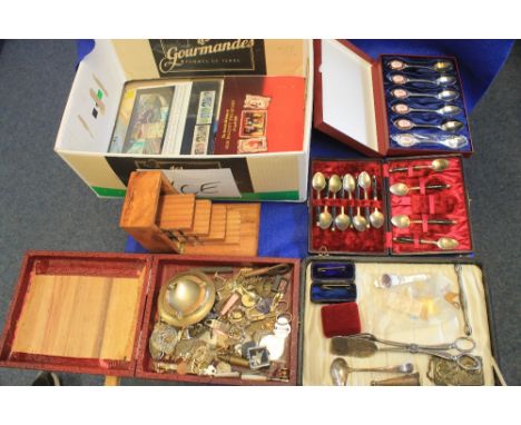 Box of assorted items to include: cased cutlery; First Day Covers; cigar box; miscellaneous to include: ashtrays; badges; cuf