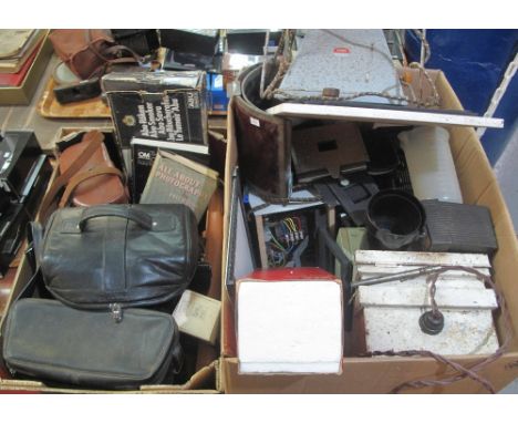 One box and one tray of various camera and photography equipment to include: Camcorders; books; focus finder etc. (2)(B.P. 24