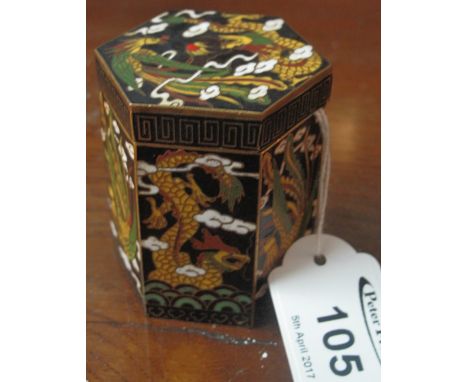 Small Chinese cloisonne enamelled hexagonal lidded box, overall decorated with dragons and phoenix contesting flaming pearls 
