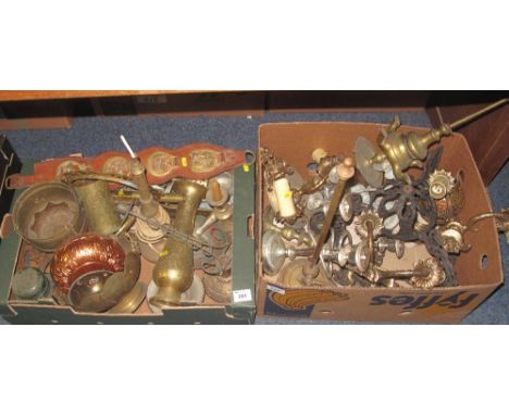 Two trays of assorted metalware items to include: Middle Eastern vase; horse brasses on leather strap; silver plated table ca