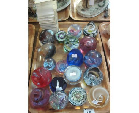 Tray of Caithness and other paperweights including Millefiori paperweight inset with fisherman and Baccarat French paperweigh