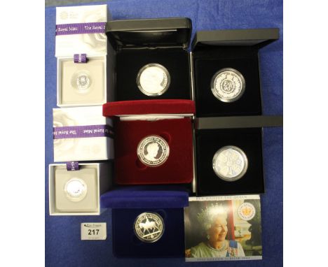 Box of assorted silver proof coins to include: 2002, Her Majesty the Queen Golden Jubilee £5 coin, boxed; the first birthday 