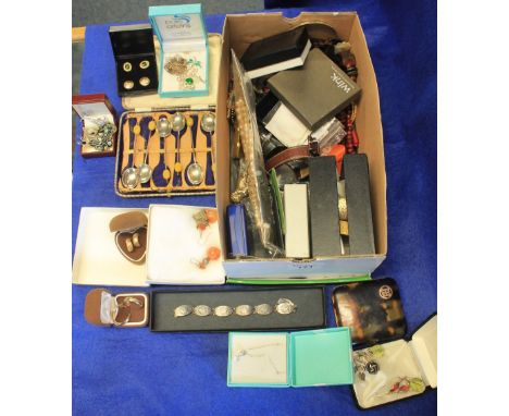 Box of assorted, predominantly costume and dress jewellery, to include: tortoiseshell cigarette case; yellow metal earrings; 