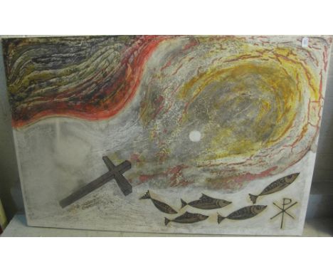 Graham T. Gower Samuel, (Welsh, 20th Century), Religious representational study of fish and crucifix in abstract form, oils o