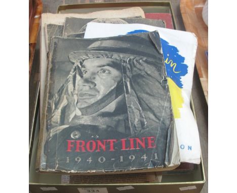 Tray of assorted military ephemera to include: album of newspaper cut outs from the 1940s; 'The Royal Military College Magazi