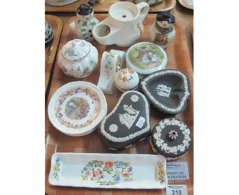 Tray of assorted china to include: Wedgwood Jasperware black and white trinket box; boxes and pin dishes; Aynsley 'Cottage Ga