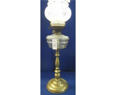Early 20th Century brass double burner oil lamp, having cut glass reservoir on brass pedestal base with coloured glass shade 