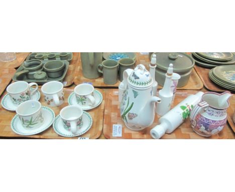 Two trays of Portmeirion 'Botanic Garden' items comprising: condiments; cylinder vase; cups and saucers; sucrier; teapot etc.